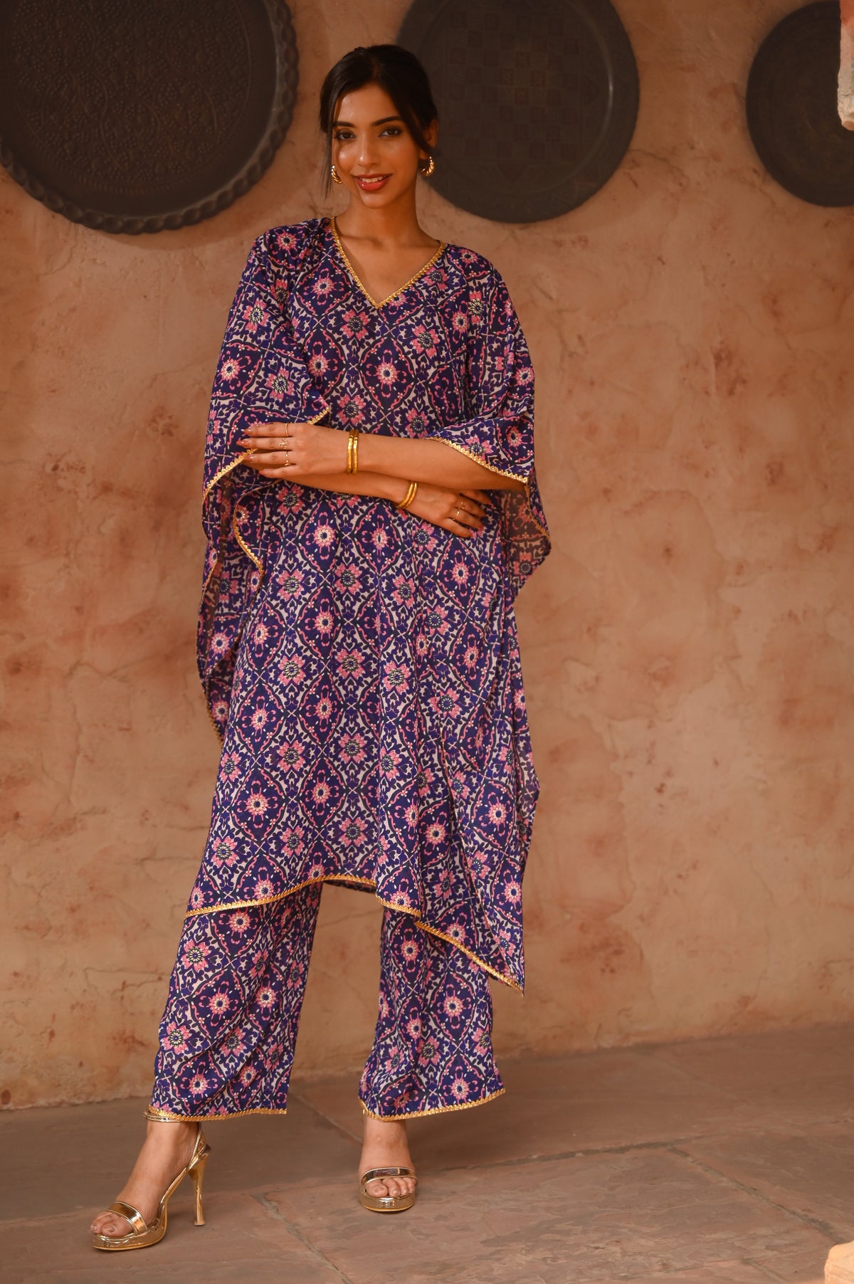 Aditi Wasan Blue Floral Printed Kaftan Kurta With Pant