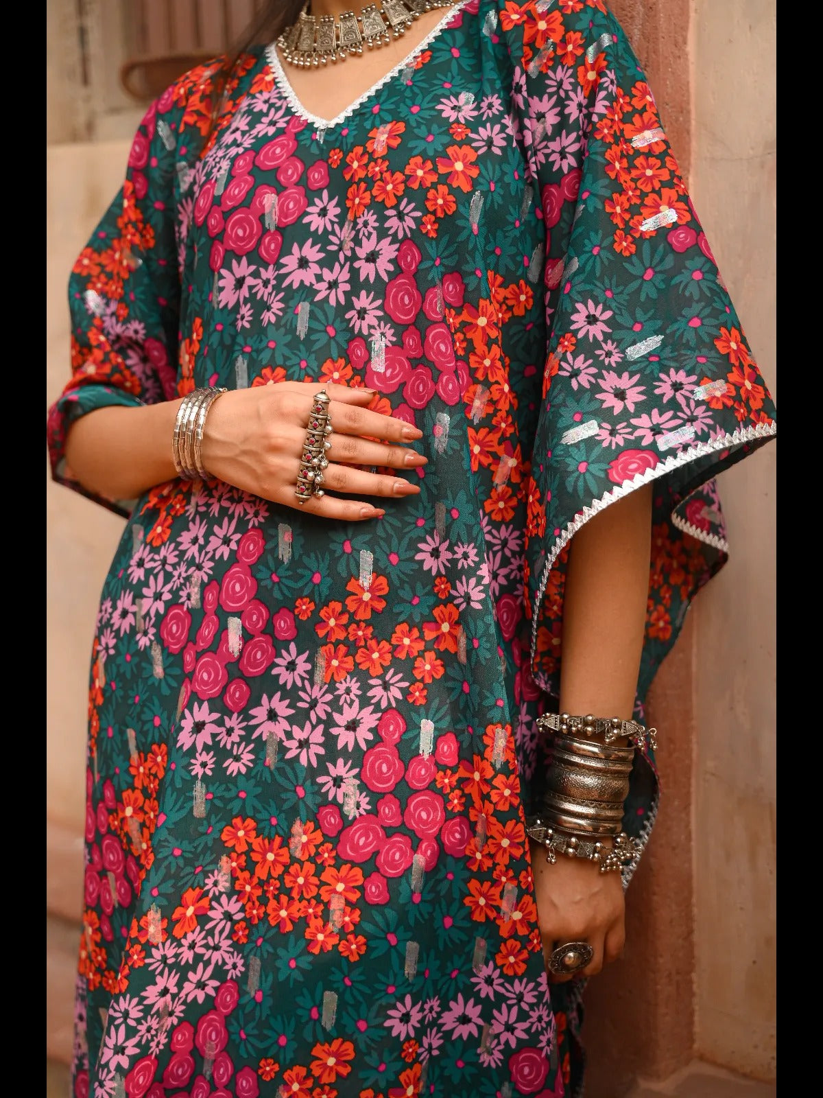 Aditi Wasan Green Floral Printed Kaftan Kurta With Pant