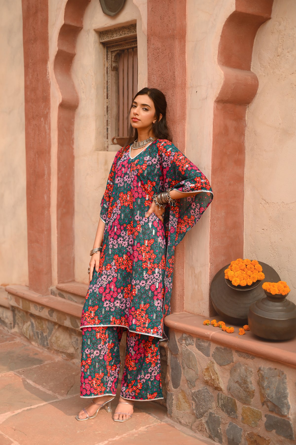 Aditi Wasan Green Floral Printed Kaftan Kurta With Pant