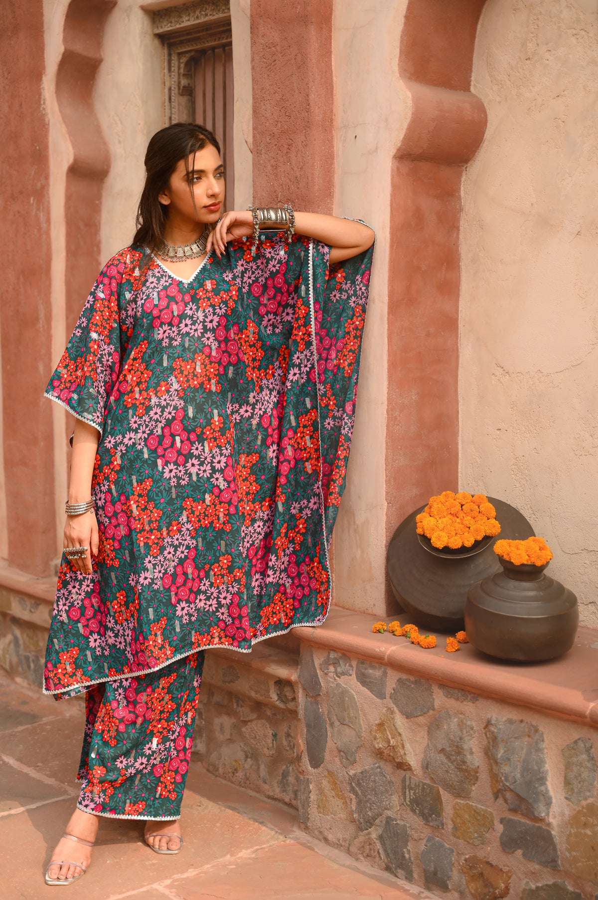 Aditi Wasan Green Floral Printed Kaftan Kurta With Pant