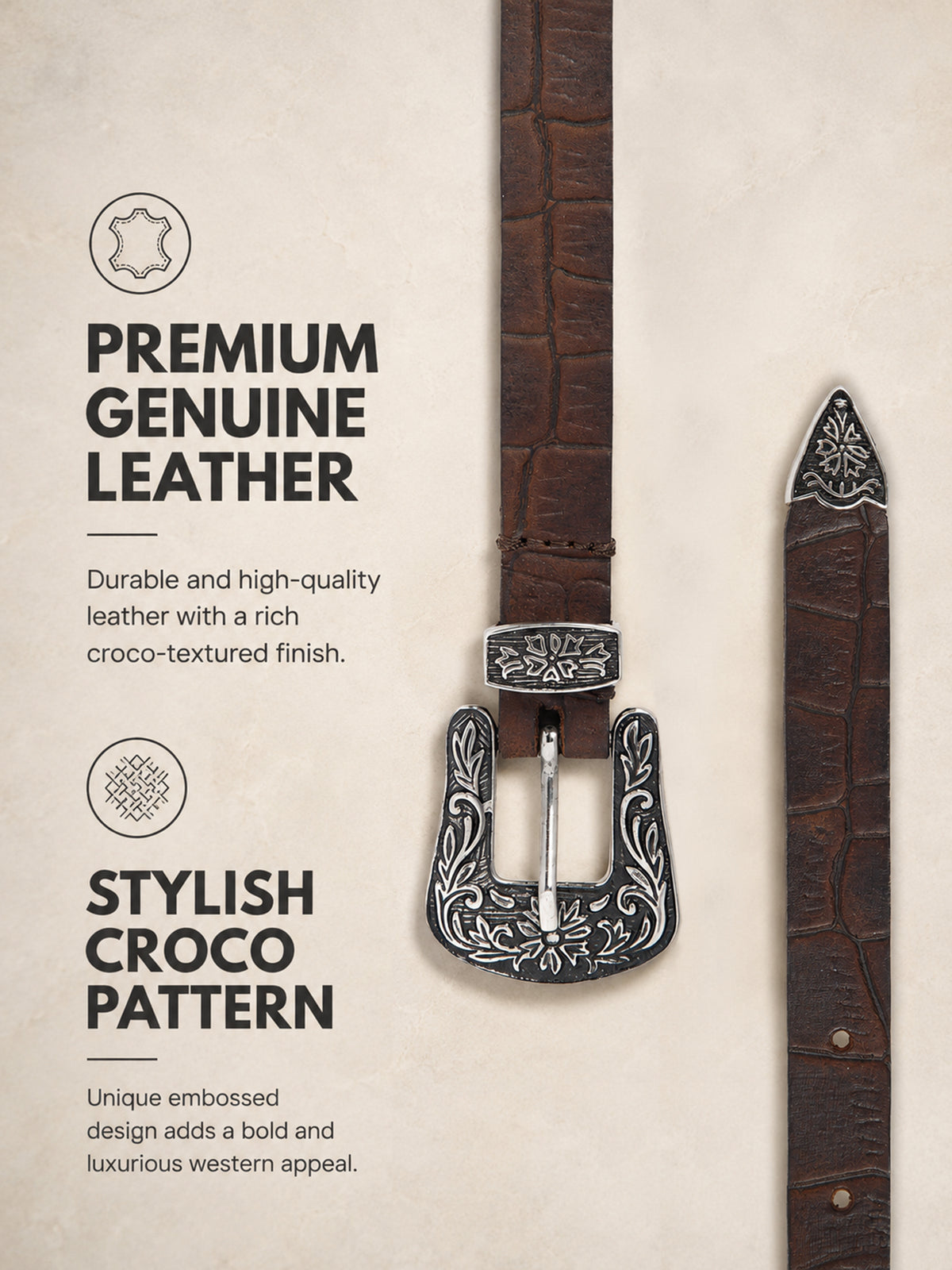 Brown Croco Western Women's Genuine Leather Belt