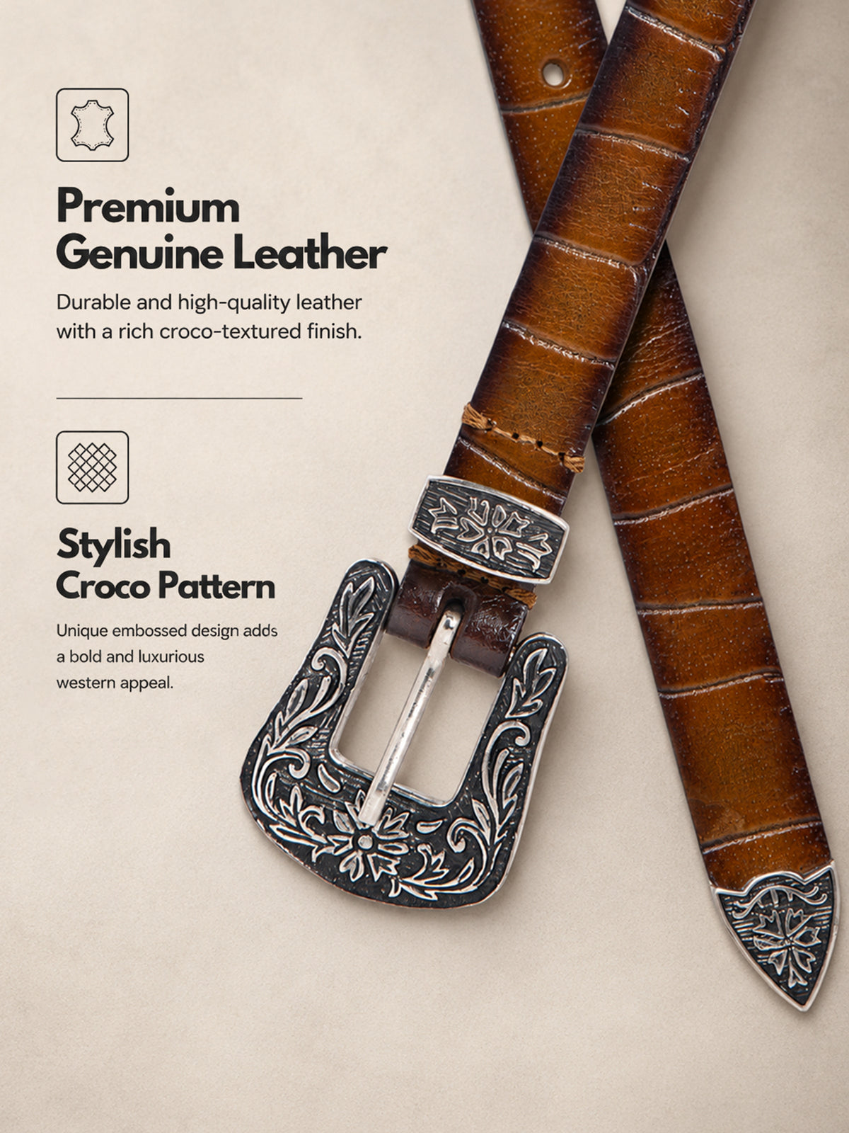 Tan Croco Western Women's Genuine Leather Belt