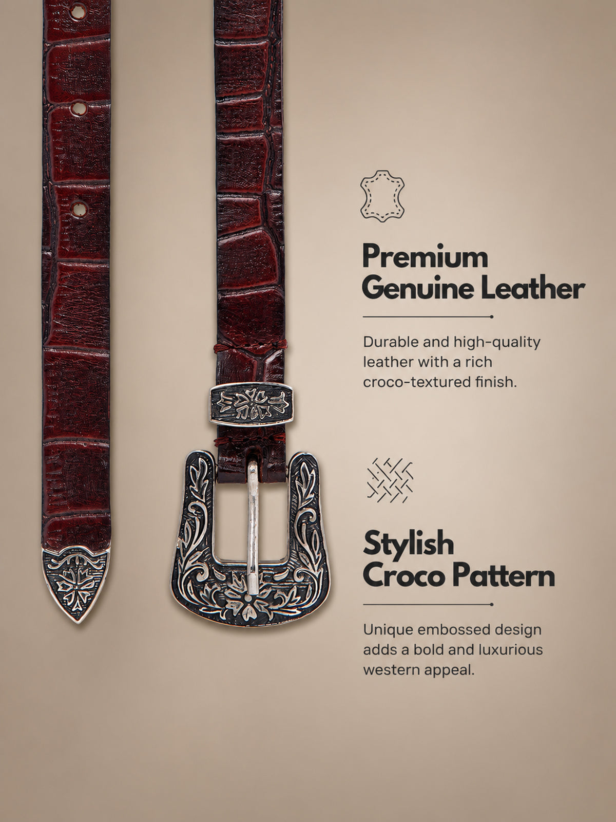 Maroon Croco Western Women's Genuine Leather Belt