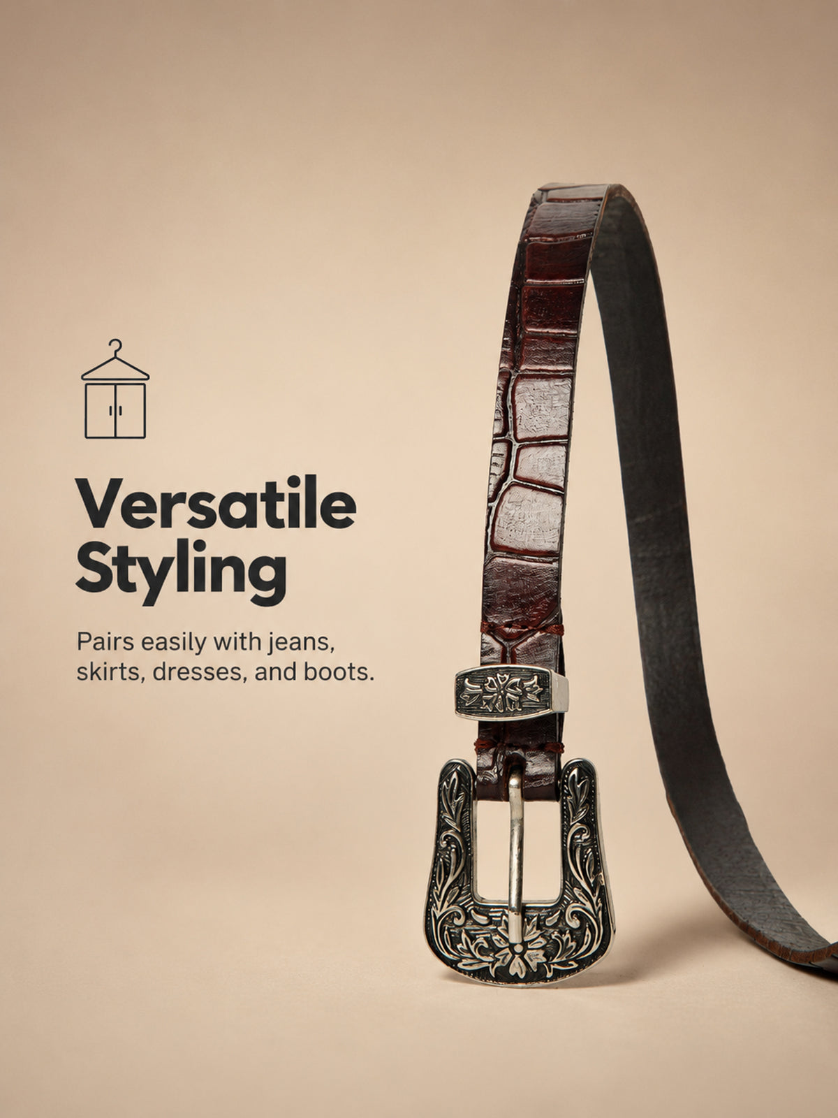 Maroon Croco Western Women's Genuine Leather Belt