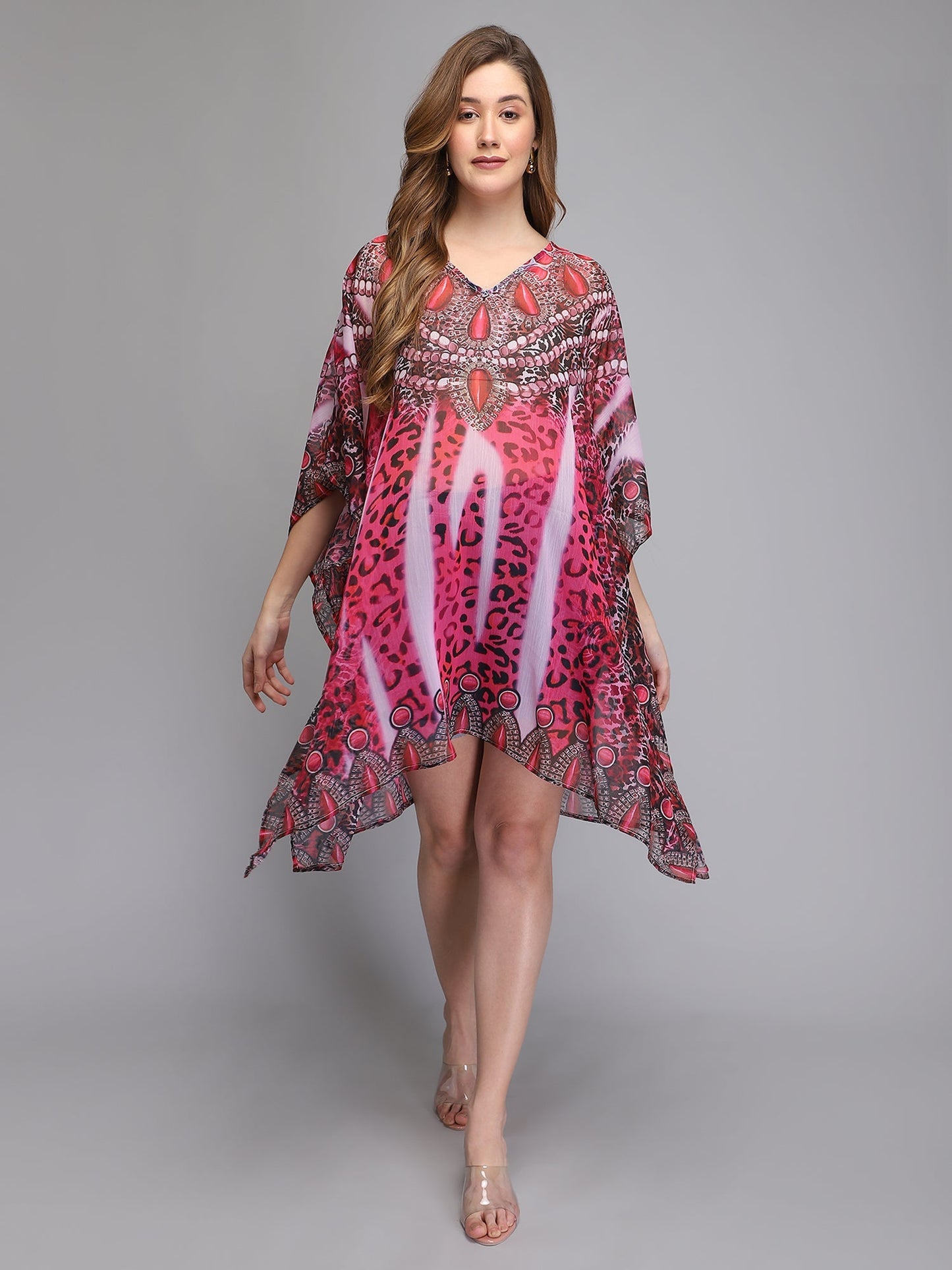 Pink Leopard Print Polyester Kaftan Aditi Wasan