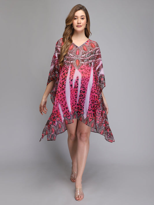 Pink Leopard Print Polyester Kaftan Aditi Wasan