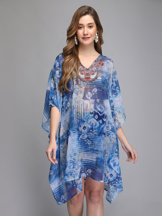 Blue and White Printed Polyester Kaftan Aditi Wasan
