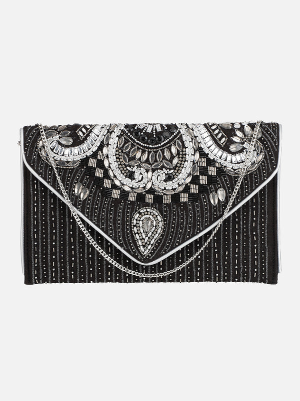 Embroidered Black and Silver Clutch Aditi Wasan