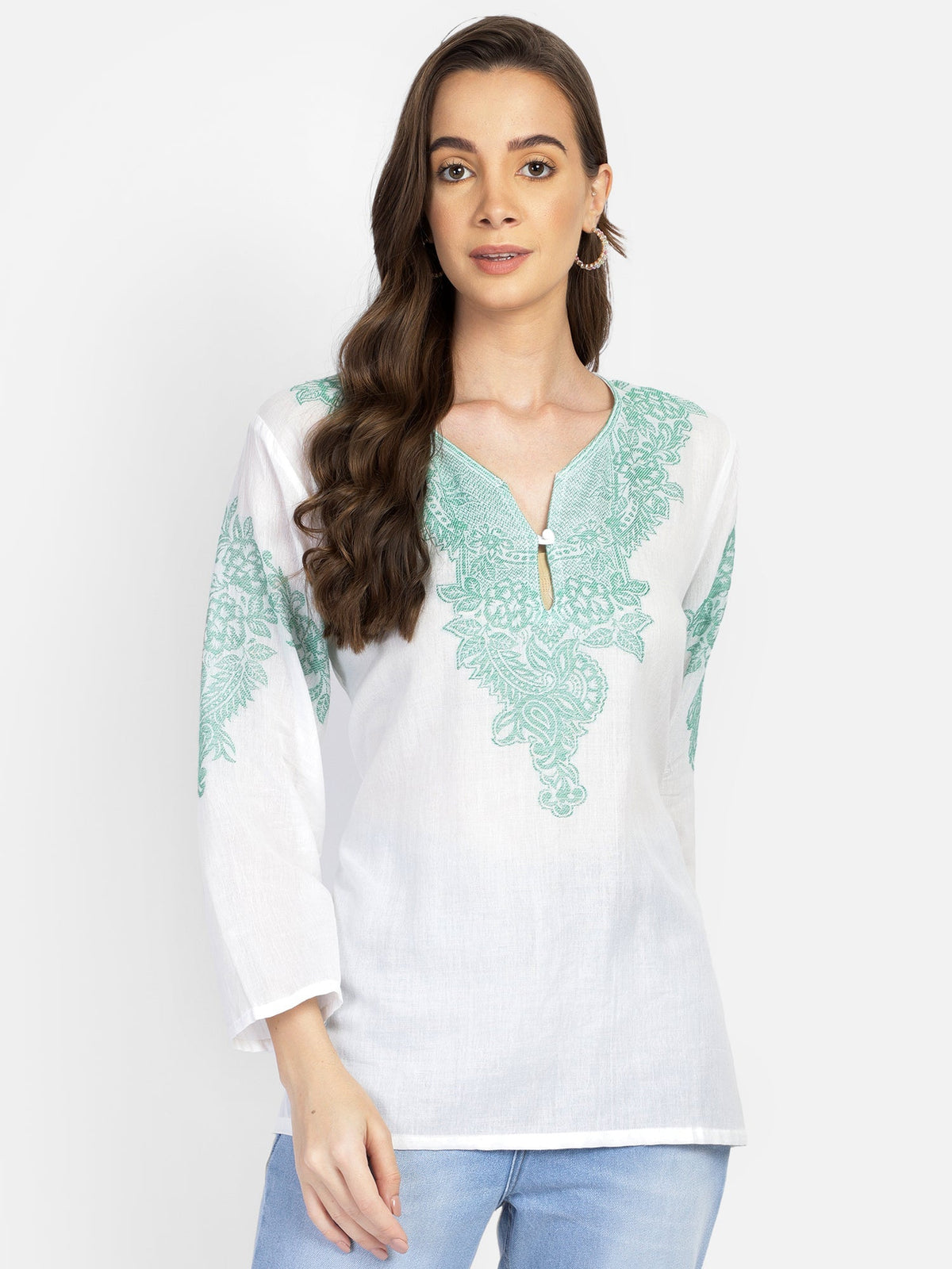 Embroidered white semi-sheer cotton tunic Aditi Wasan