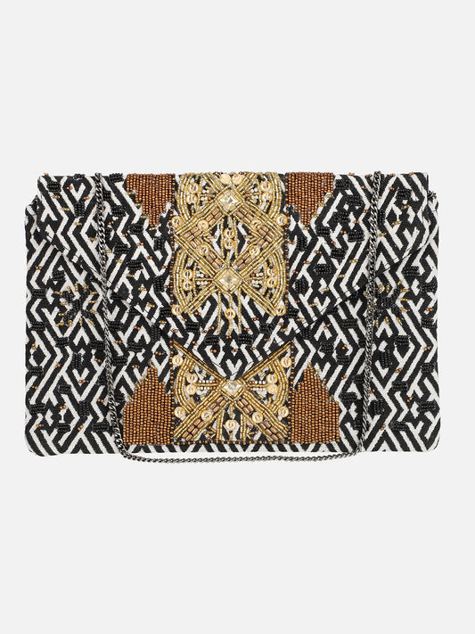 Golden Embroidered Black and White Clutch Aditi Wasan