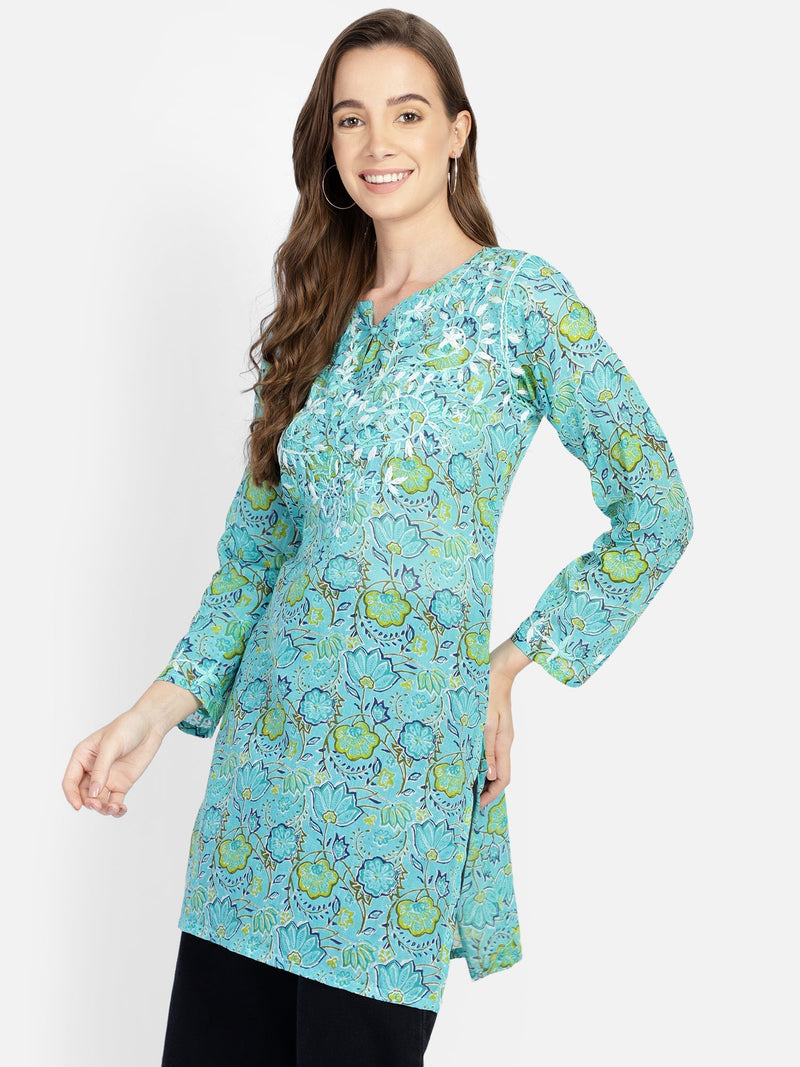 Turquoise blue hand embroidered cotton tunic - Aditi Wasan