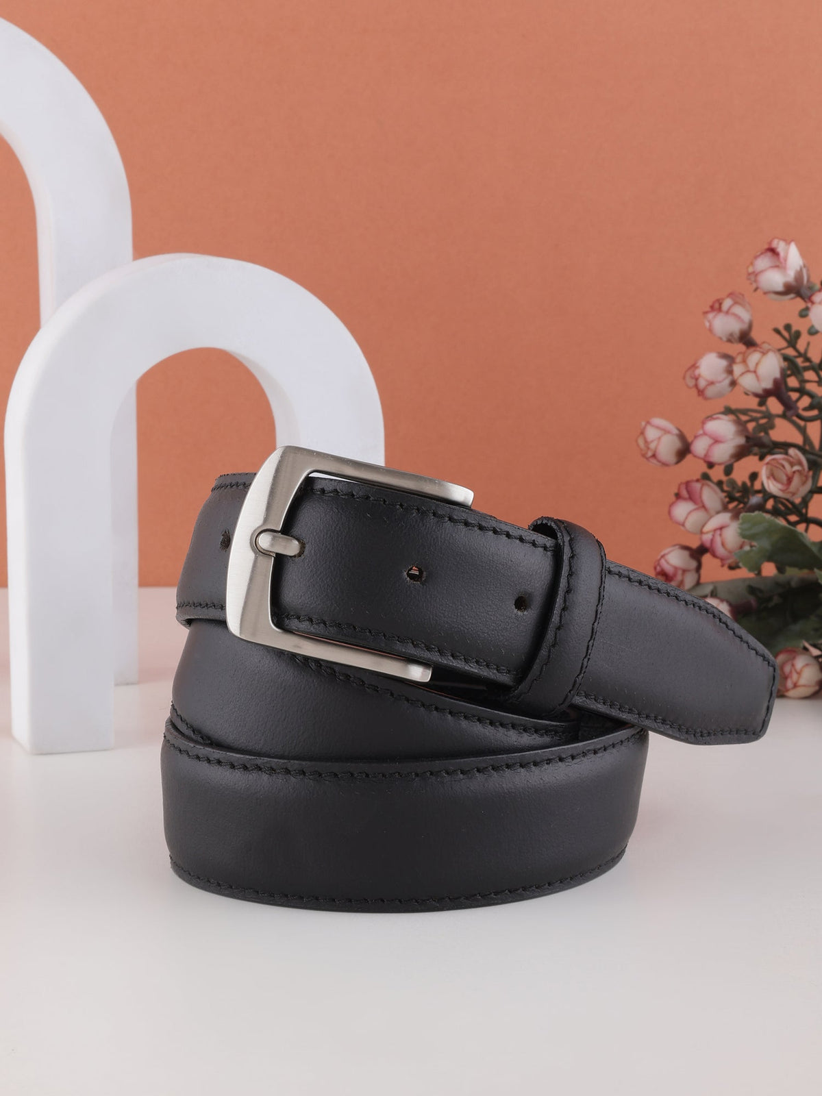 Formal Black Stitch Design Genuine Leather Men's Belt