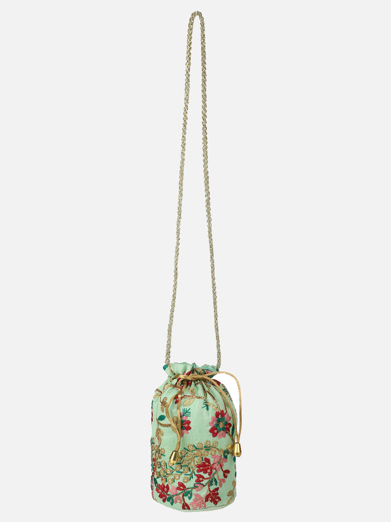 Handcrafted Green Potli Bag Multicolor Embroidery Aditi Wasan