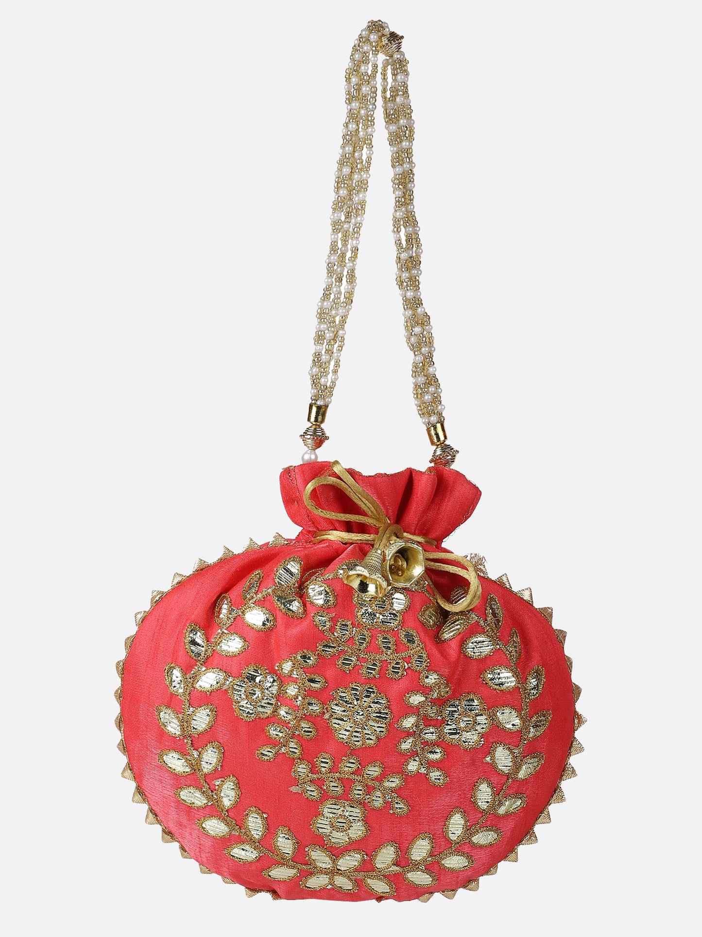 Red Potli Bag With Golden Embroidery Aditi Wasan