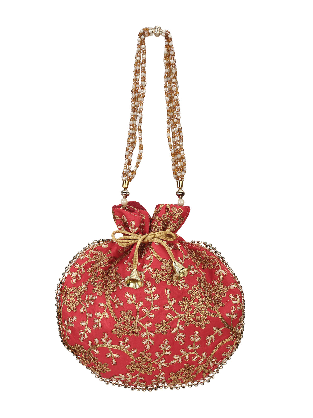 Red Potli Bag With Golden Embroidery Aditi Wasan