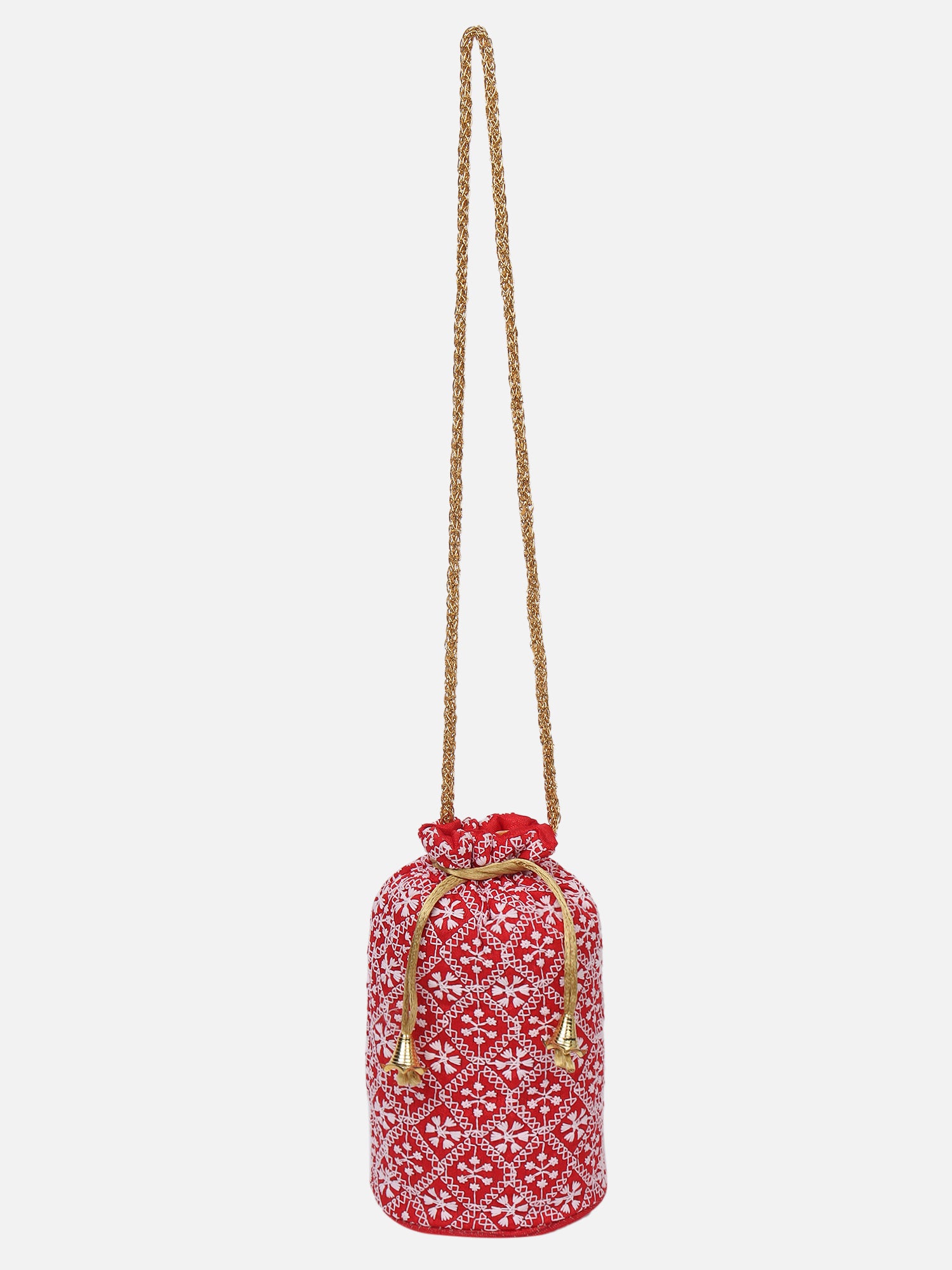 Red Potli Bag With White Chikan Embroidery Aditi Wasan