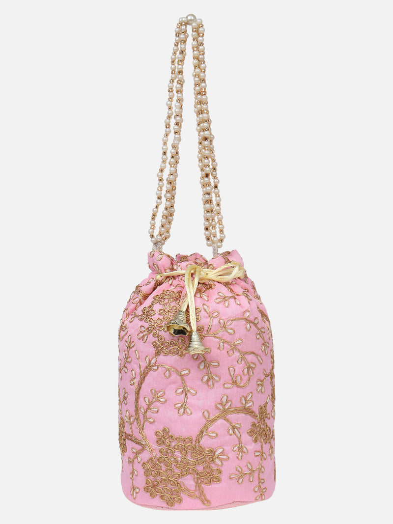 Handcrafted Pink Embroidered Potli Bag With Golden Zari Aditi Wasan