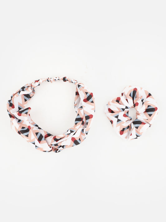 White Color Printed Headband and Scrunchy - Aditi Wasan