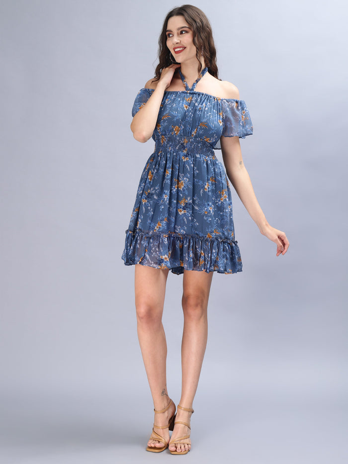 Blue floral printed off-shoulder mini empire dress