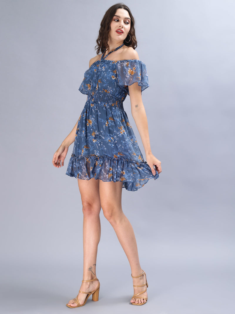 Blue floral printed off-shoulder mini empire dress