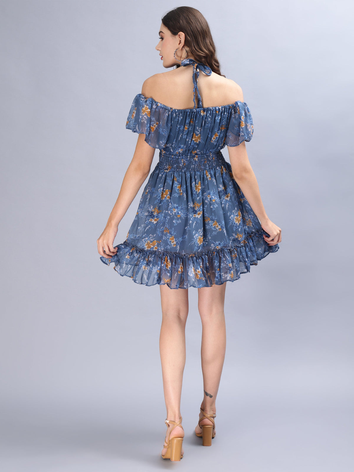 Blue floral printed off-shoulder mini empire dress