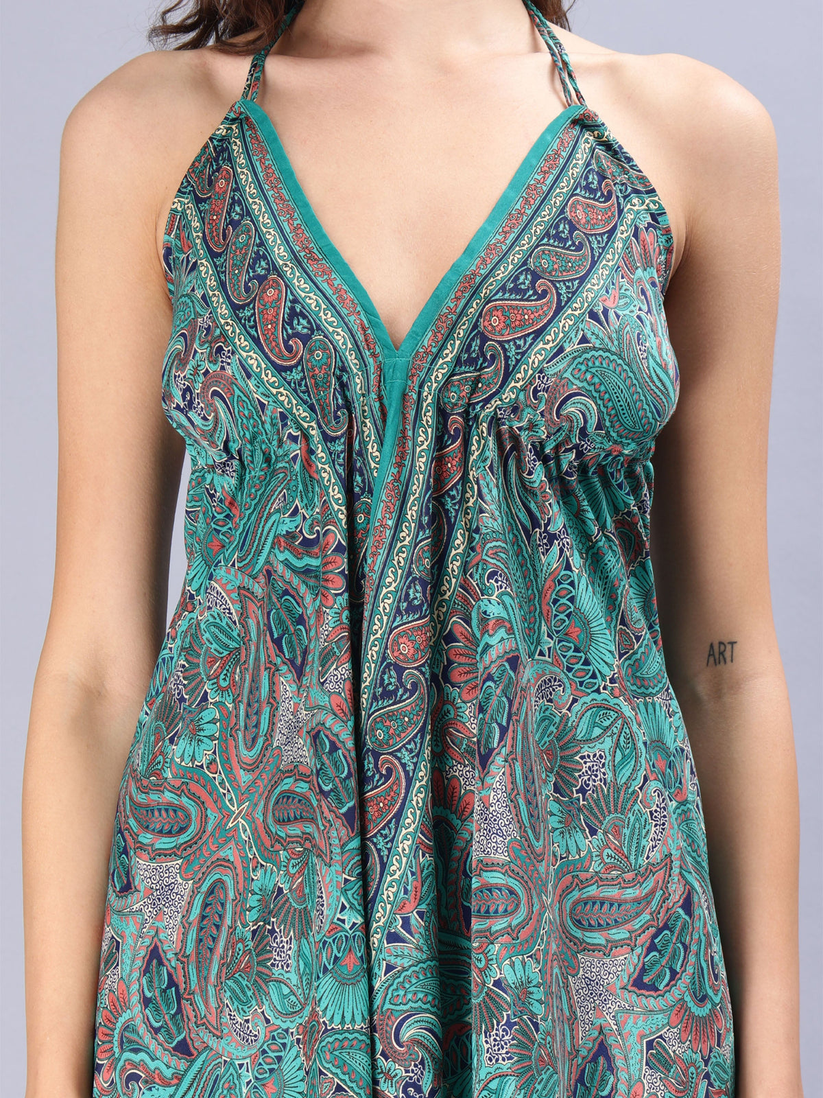 Avana Silk Paisley Print Tie Back, Backless Green Free Size Handkerchief mini dress