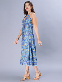 Avana Silk Paisley Print tie back, backless blue Free Size Handkerchief maxi tiered dress