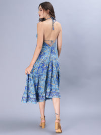 Avana Silk Paisley Print tie back, backless blue Free Size Handkerchief maxi tiered dress