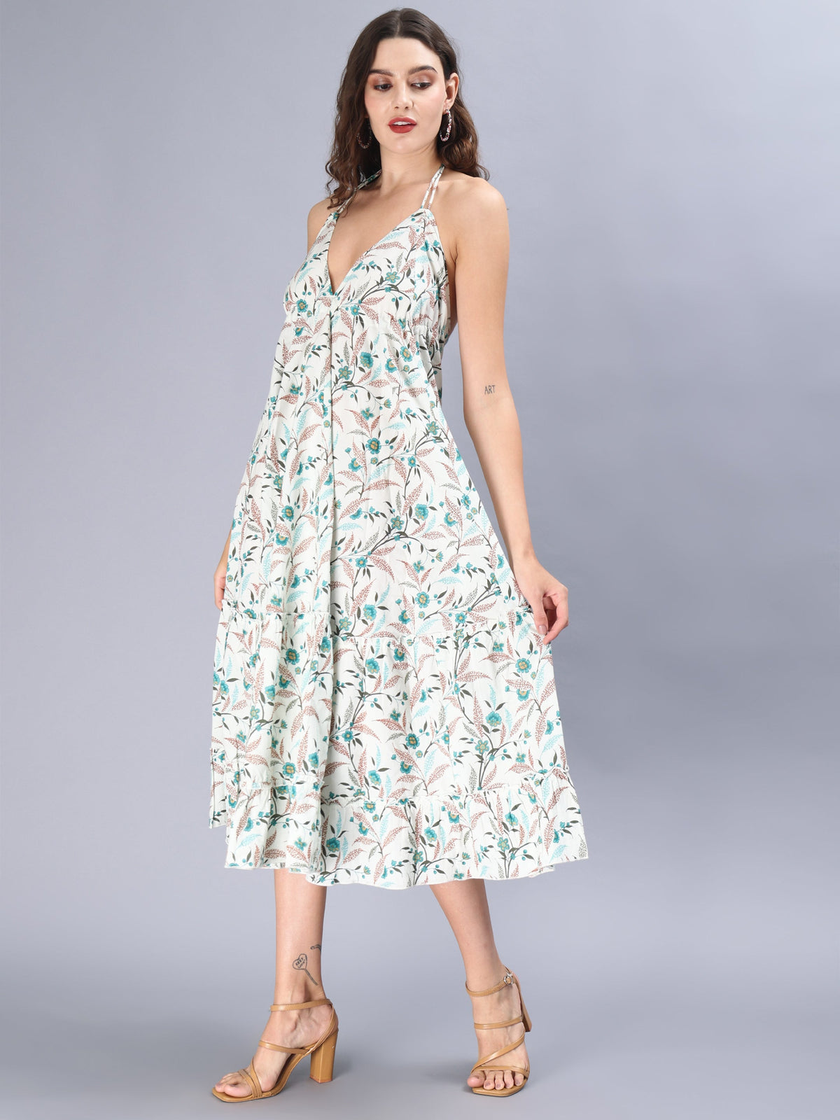 White floral printed cotton tie back, backless blue Free Size Handkerchief maxi tiered dress