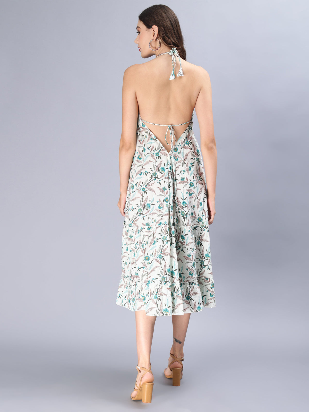 White floral printed cotton tie back, backless blue Free Size Handkerchief maxi tiered dress