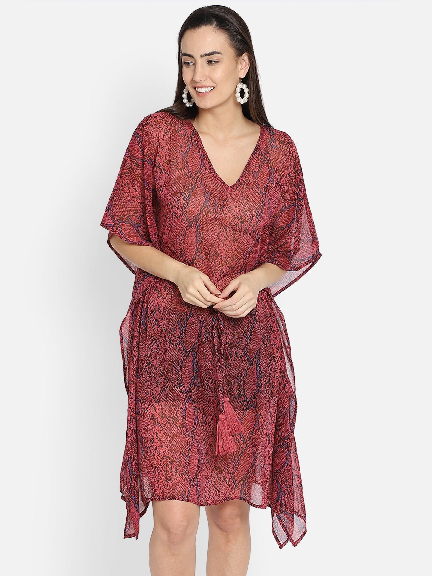 Red snake print polyester kaftan - Aditi Wasan