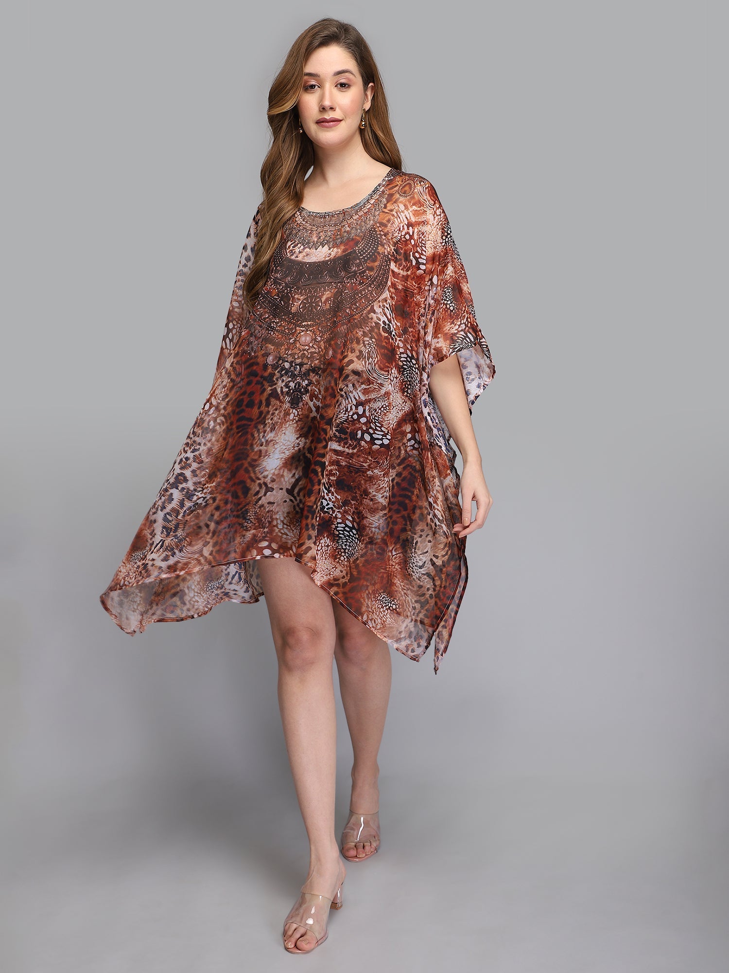 Tiger print brown polyester kaftan - Aditi Wasan