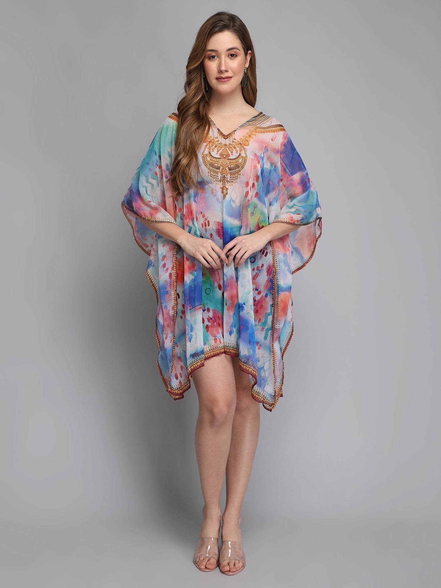 Multicolor V-Neck Polyester Kaftan Aditi Wasan