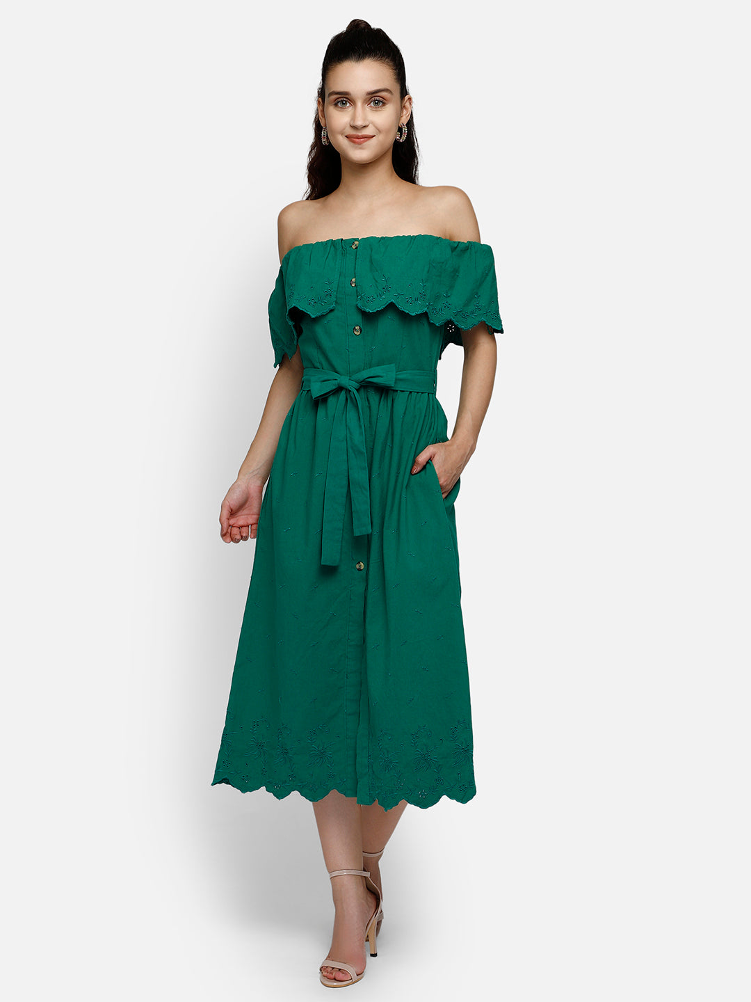 Green midi viscose bardot dress Aditi Wasan