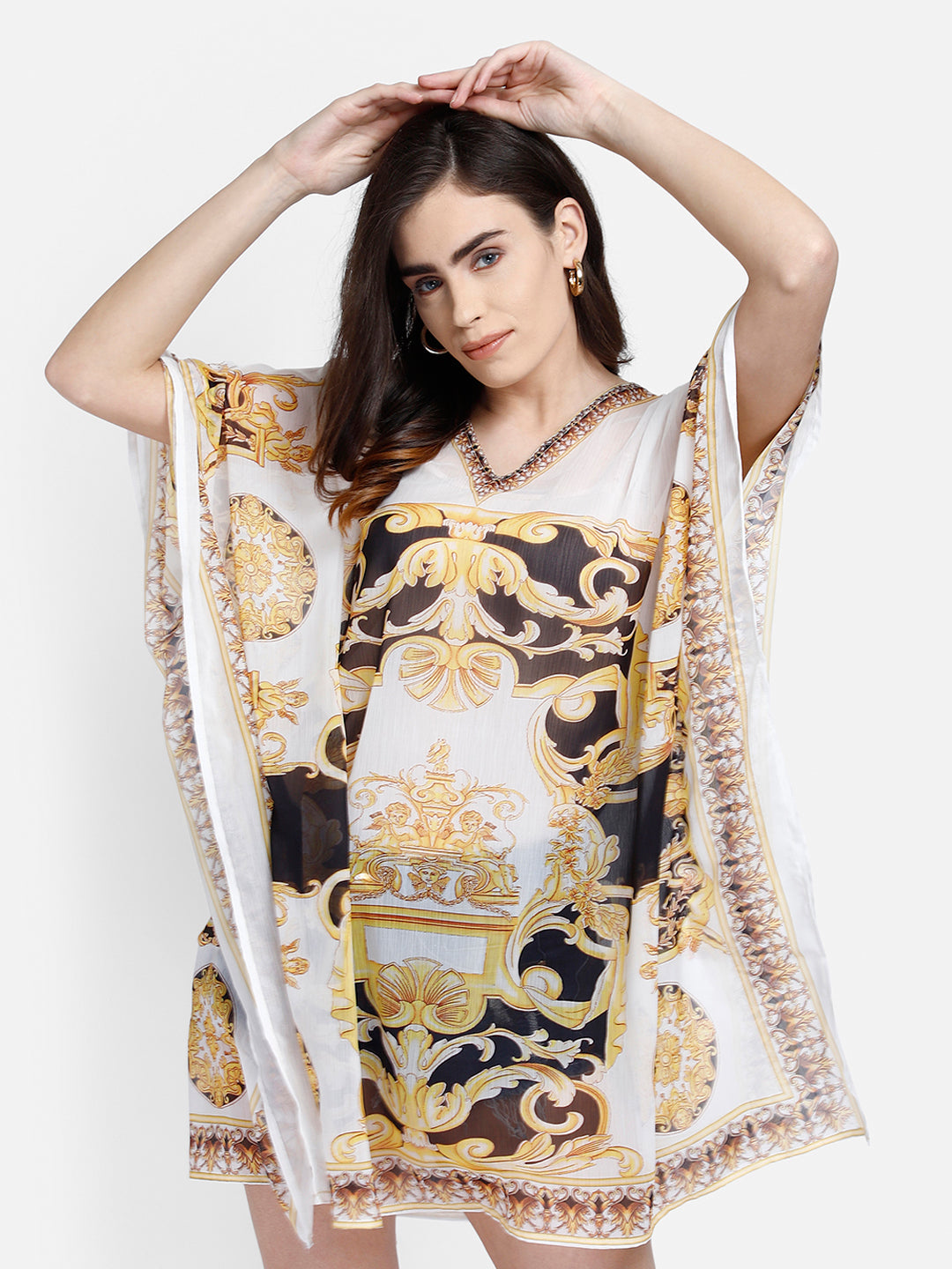 White Color Printed Polyester Kaftan Aditi Wasan