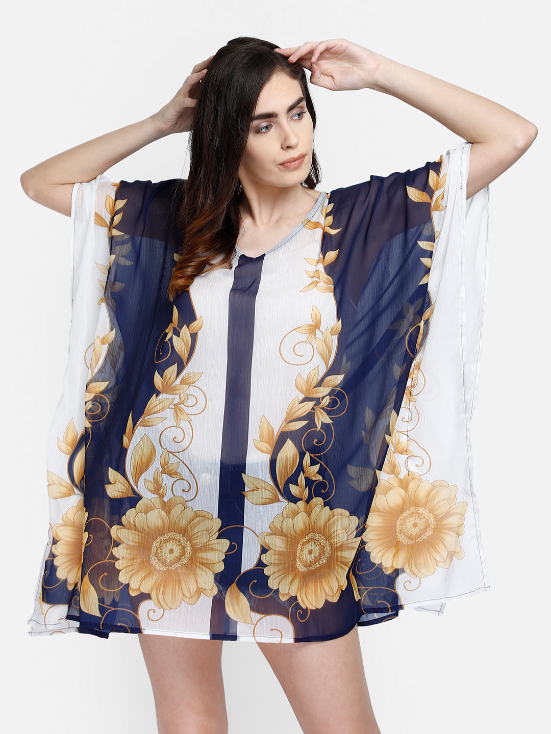 White Printed Free Size Polyester Kaftan Aditi Wasan