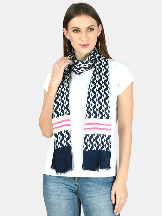 White & blue printed viscose stole - Aditi Wasan