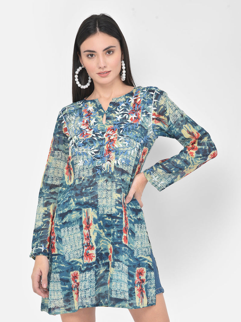 Blue printed and hand embroidered cotton tunic Aditi Wasan