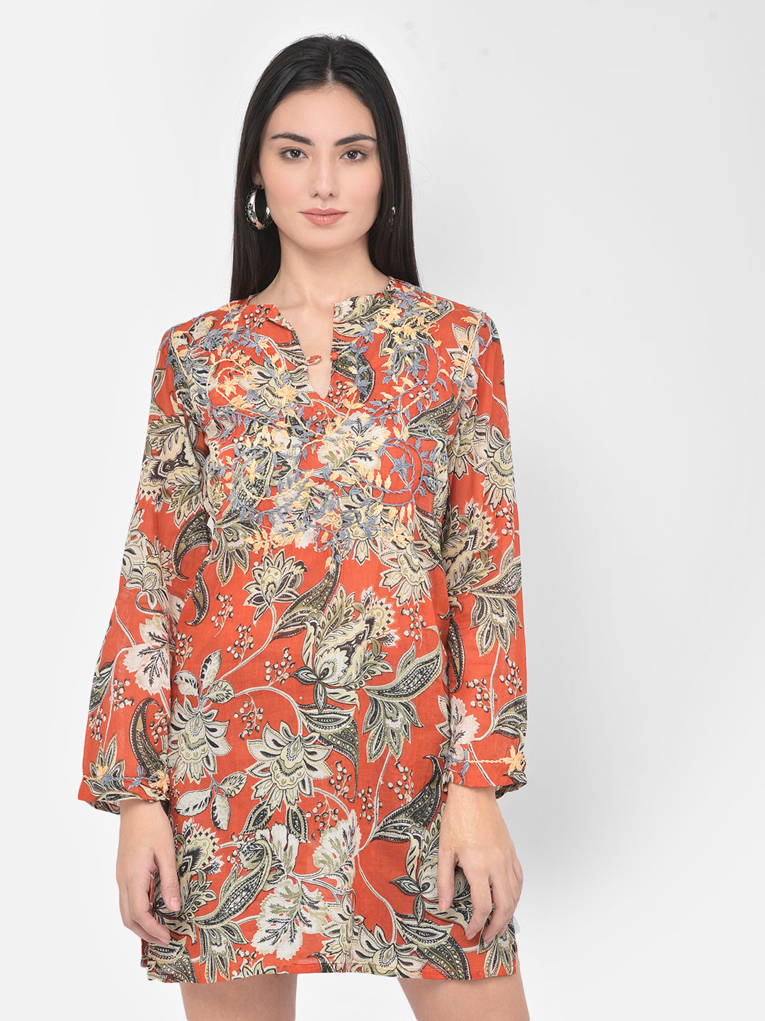 Red hand embroidered cotton tunic - Aditi Wasan