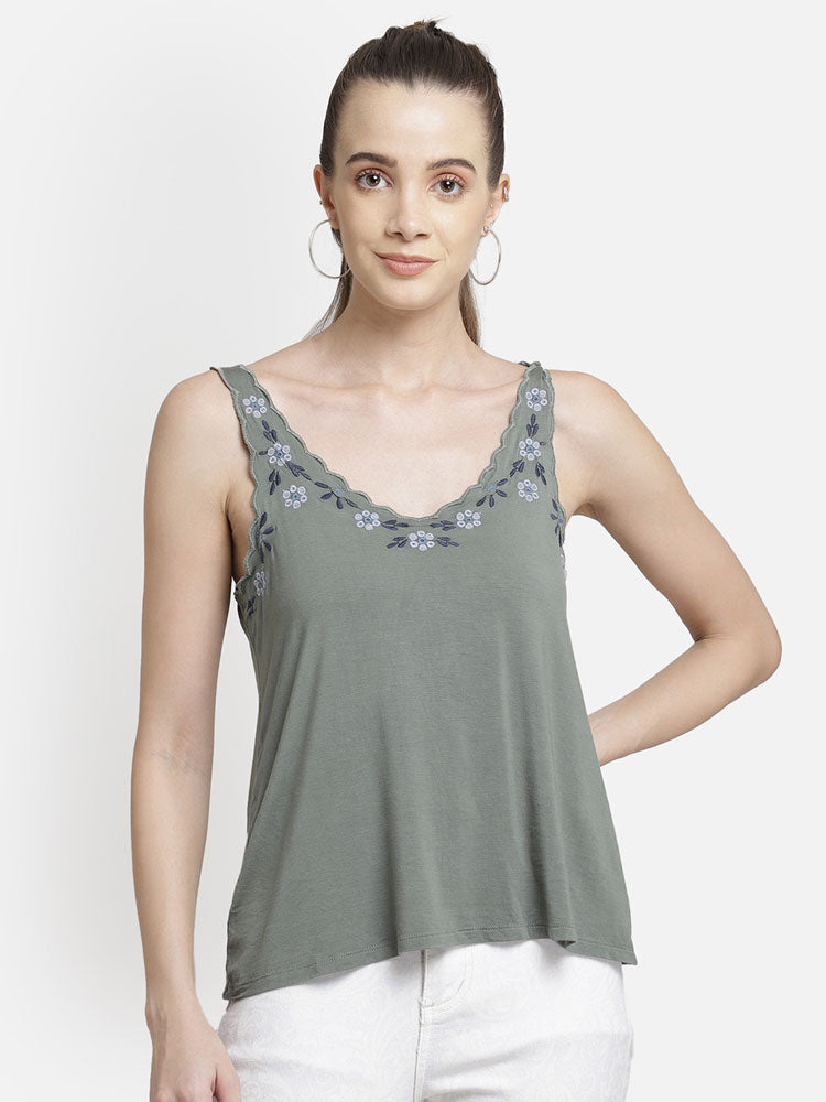 green-embroidered-neck-line-viscose-tank-top