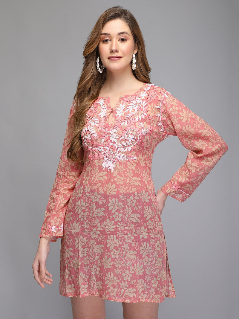 Light pink hand embroidered cotton tunic Aditi Wasan