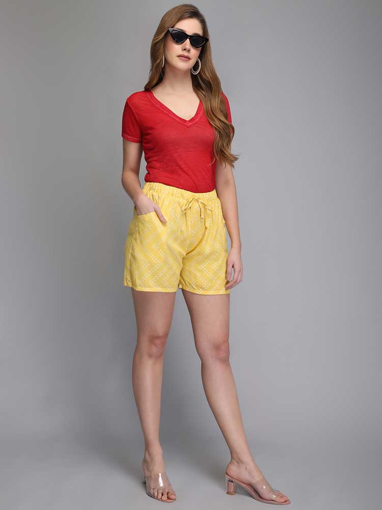 Yellow printed rayon women shorts