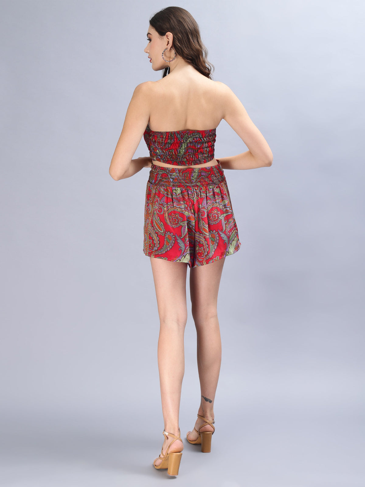 Avana Silk Paisley Print Tie Front Shirred Tube Top and High Waist Shorts Cord Set