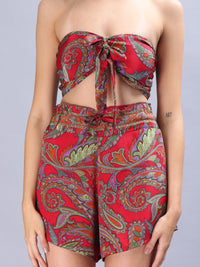 Avana Silk Paisley Print Tie Front Shirred Tube Top and High Waist Shorts Cord Set