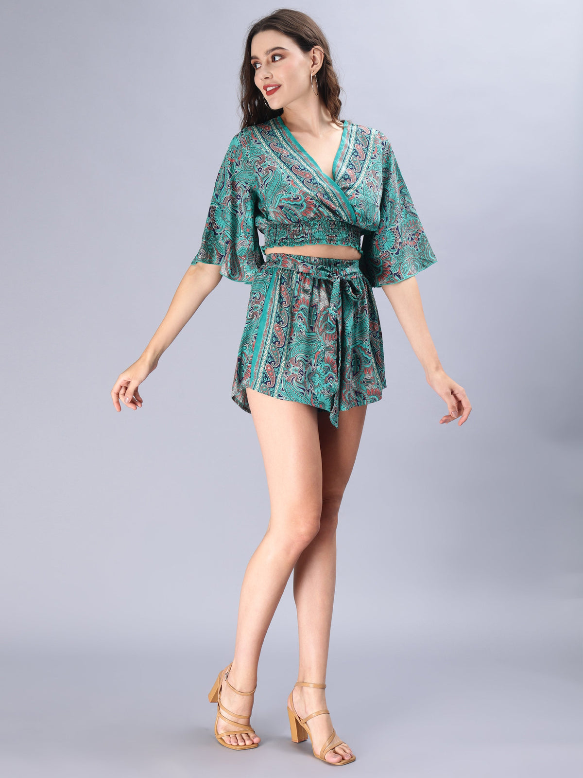 Avana Silk Paisley Print Green Polysilk Halter Top and Shorts Co-ords Set