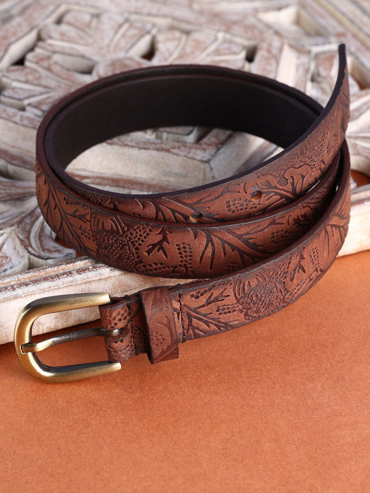 Brown shantiniketan batik pattern embossed belt