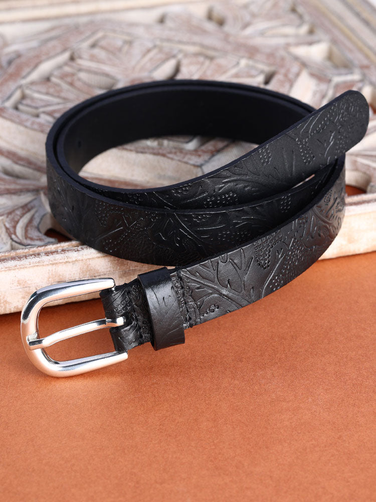 Black shantiniketan batik pattern embossed belt