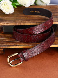 Maroon shantiniketan batik pattern embossed belt