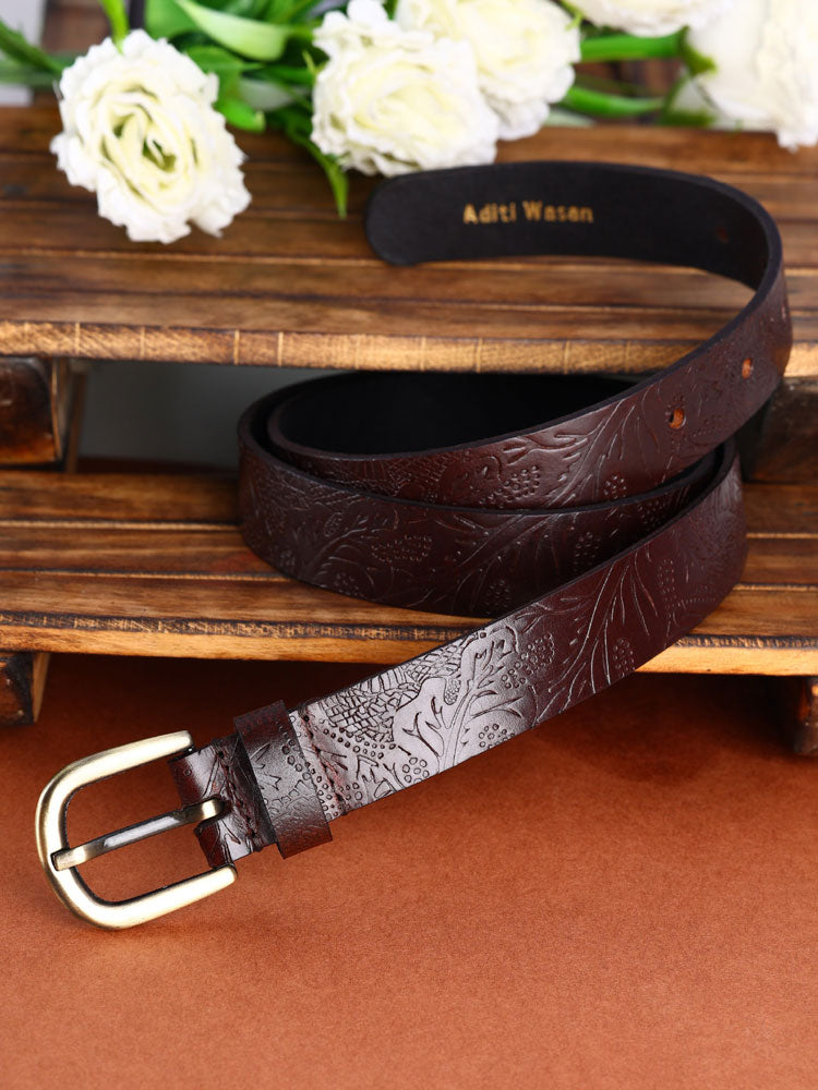 Dark brown shantiniketan batik pattern embossed belt